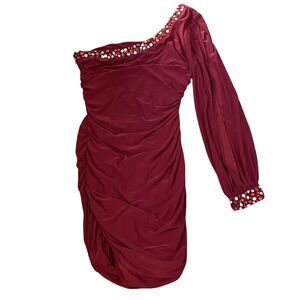 DEB Y2K Mini Dress One Shoulder Romantic Ruched Rhinestone Prom HOCO Sexy